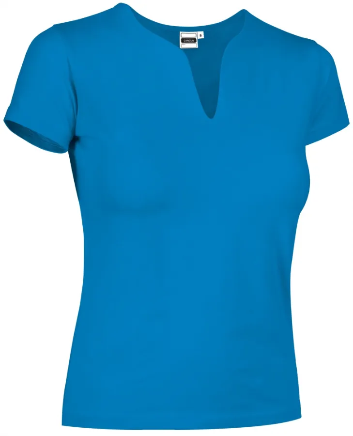 Tricou Damă CANCUN Bumbac 95%/Elastan 5% 190g | Decolteu Tip Lacrimă Cambrat Albastru tropical