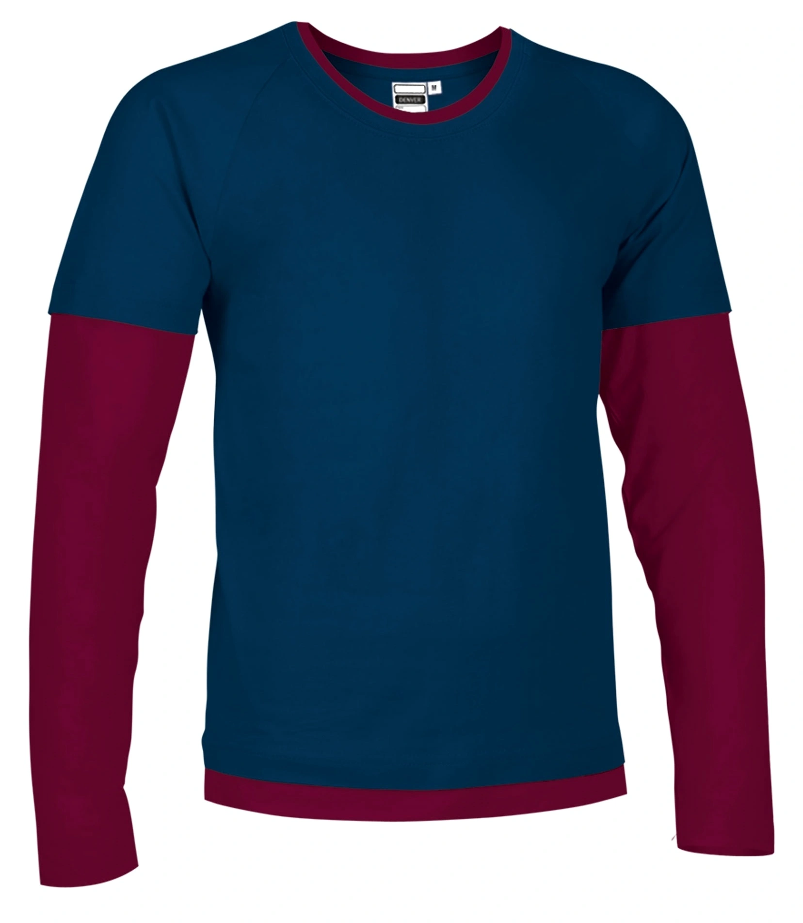 Tricou Unisex DENVER Bumbac 100%, 160g - mânecă lungă bicolor, Bleumarin orion-Grena mahon