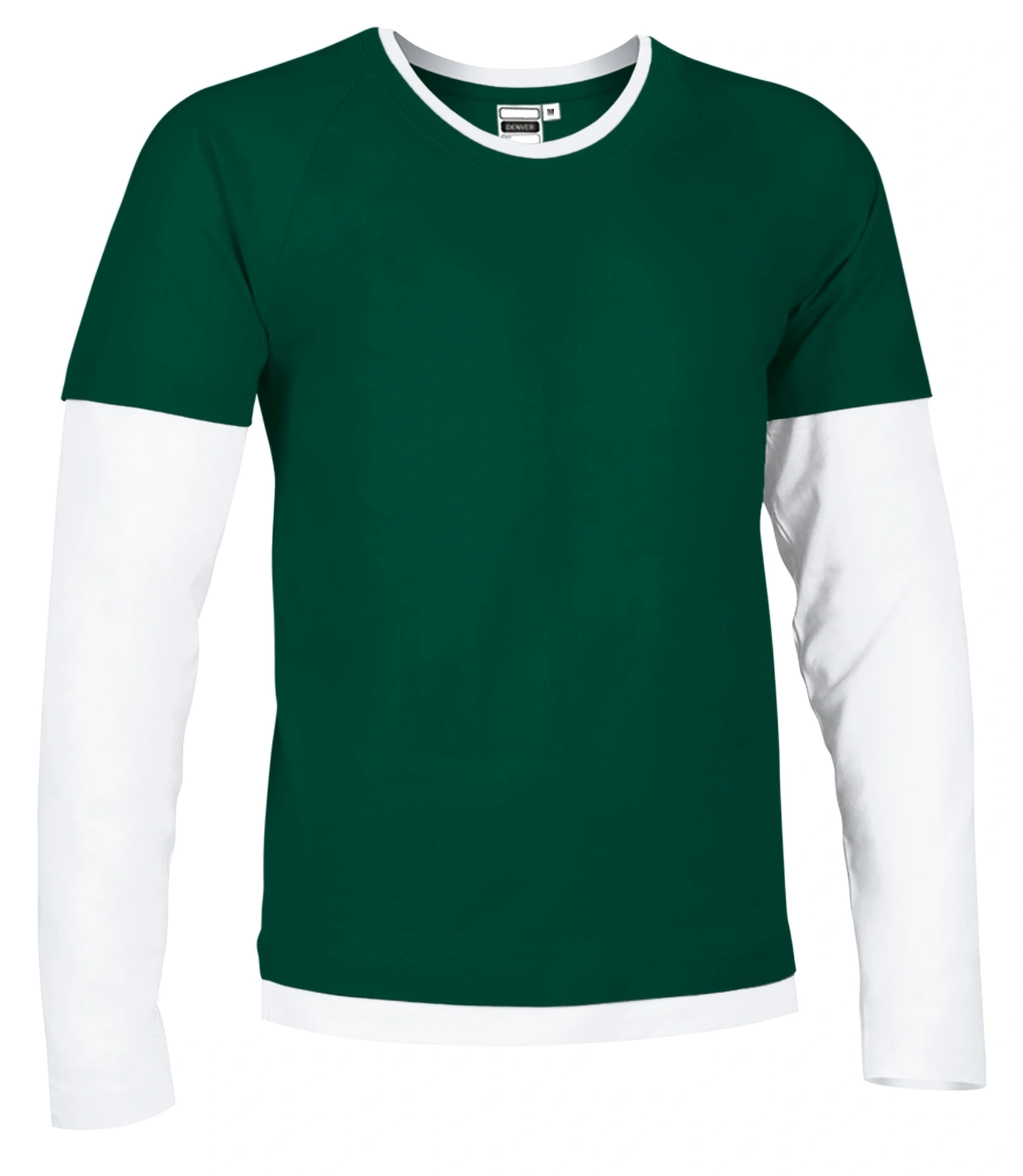 Tricou Unisex DENVER Bumbac 100%, 160g - mânecă lungă bicolor, Verde sticla-Alb