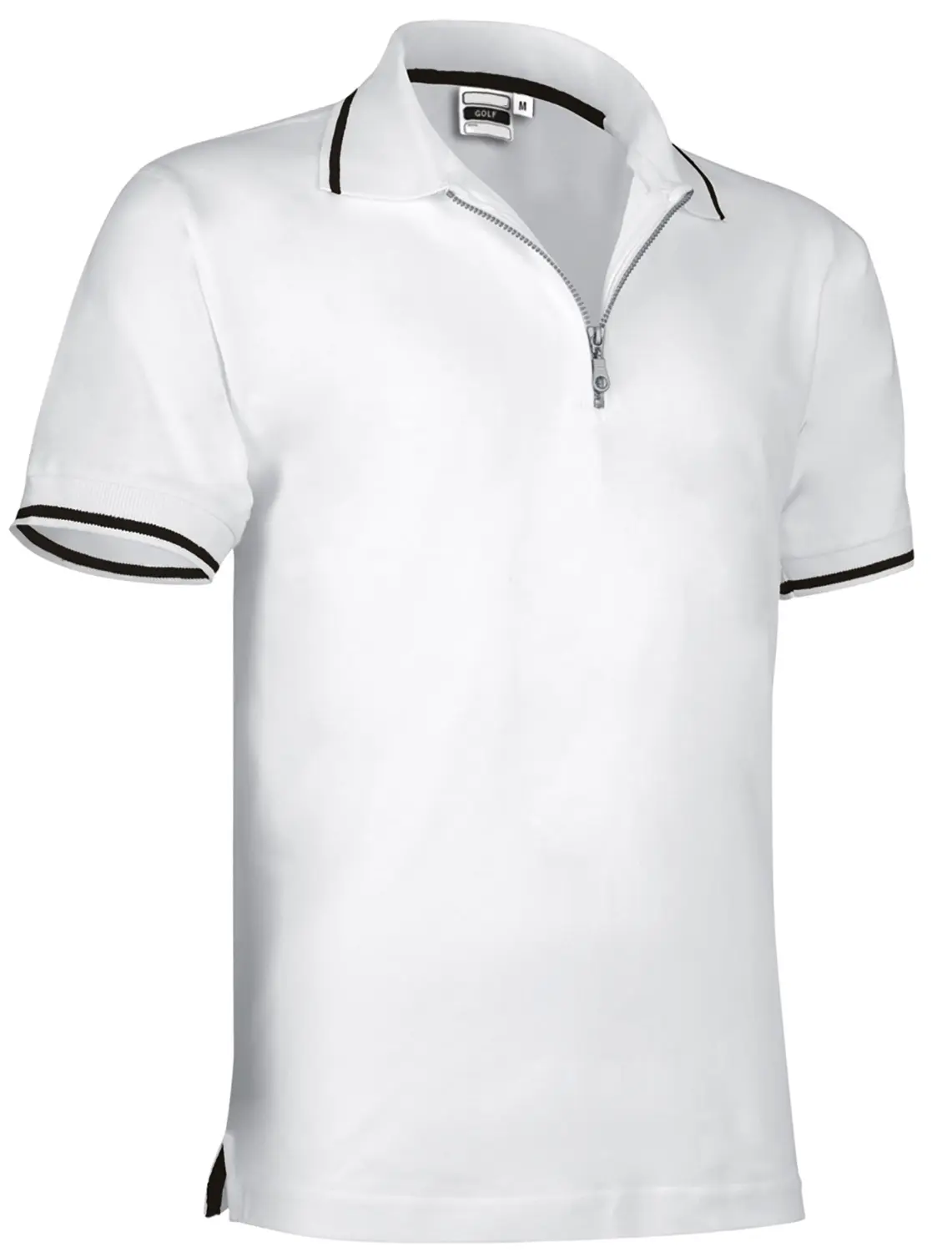 Tricou Polo GOLF dungi contrast și fermoar, Bumbac100% 220g Alb-Negru