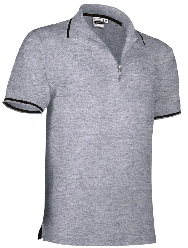 Tricou Polo GOLF dungi contrast și fermoar, Bumbac100% 220g Gri melange-Negru