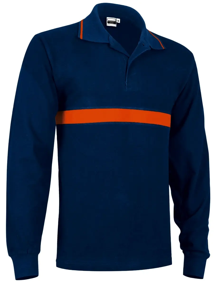 Tricou Polo SERVER Unisex Premium Bumbac100% 220g, cu bandă orizontală contrast, m. lunga Bleumarin-Portocaliu