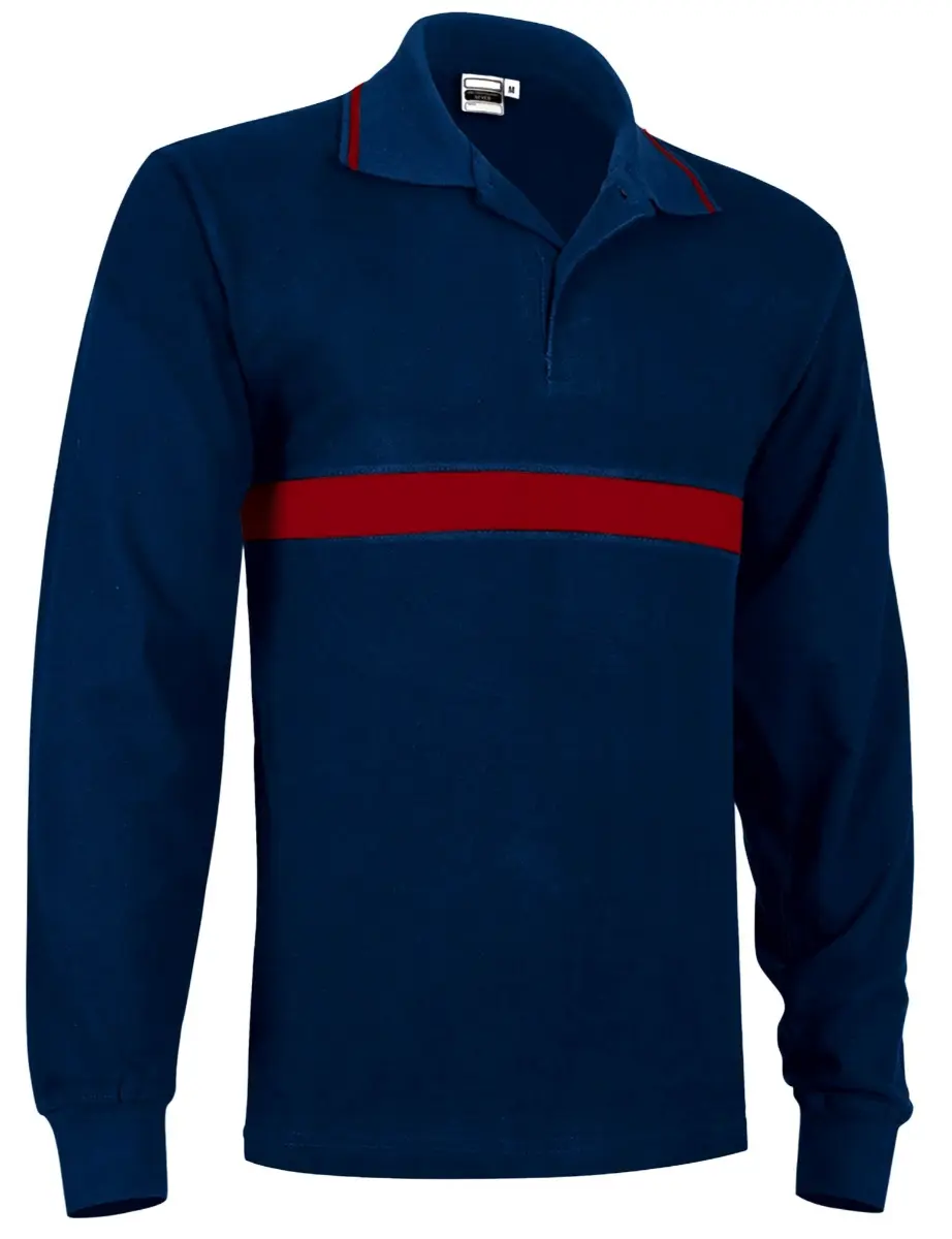 Tricou Polo SERVER Unisex Premium Bumbac100% 220g, cu bandă orizontală contrast, m. lunga Bleumarin-Rosu