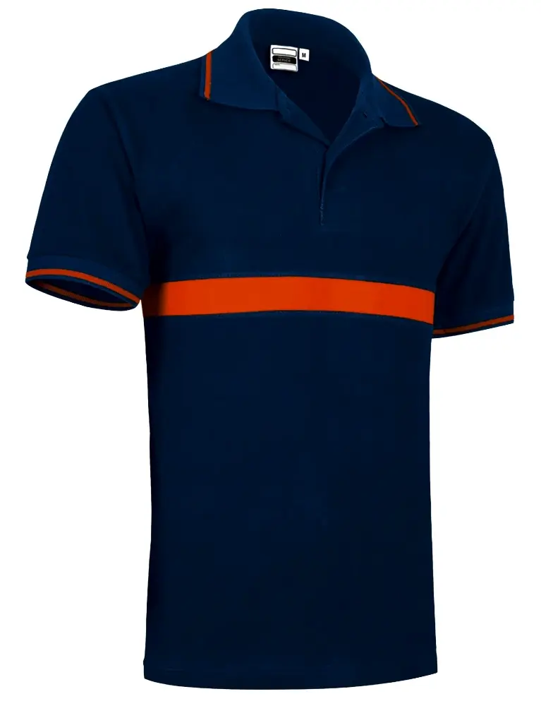 Tricou Polo SERVER Unisex Premium Bumbac100% 220g, cu bandă orizontală contrast Bleumarin-Portocaliu