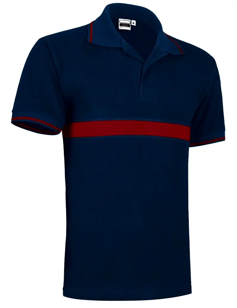 Tricou Polo SERVER Unisex Premium Bumbac100% 220g, cu bandă orizontală contrast Bleumarin-Rosu