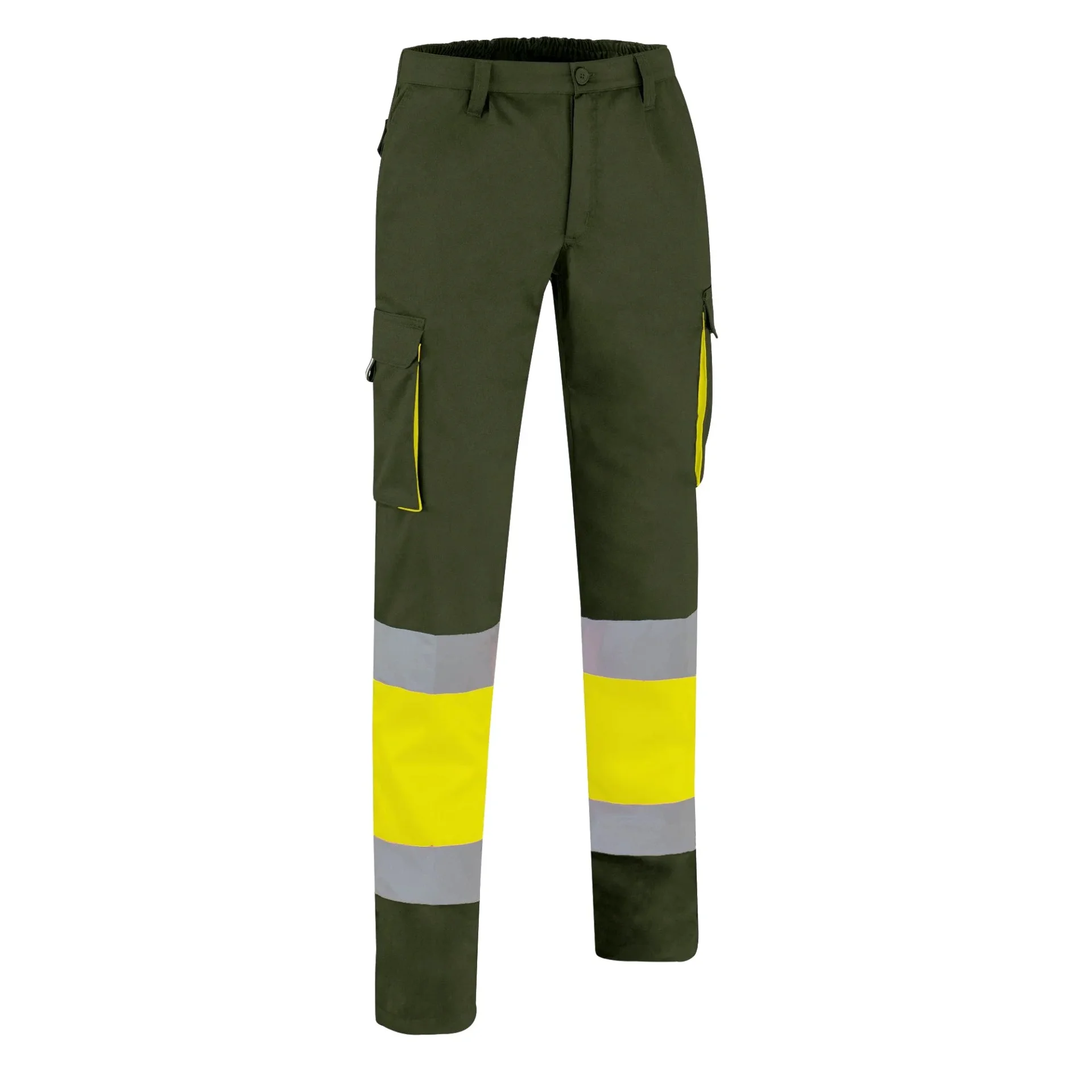 FACTORY HI-VIS Pantaloni reflectorizanti Tercot, multi-buzunare, Galben fluorescent-Verde militar