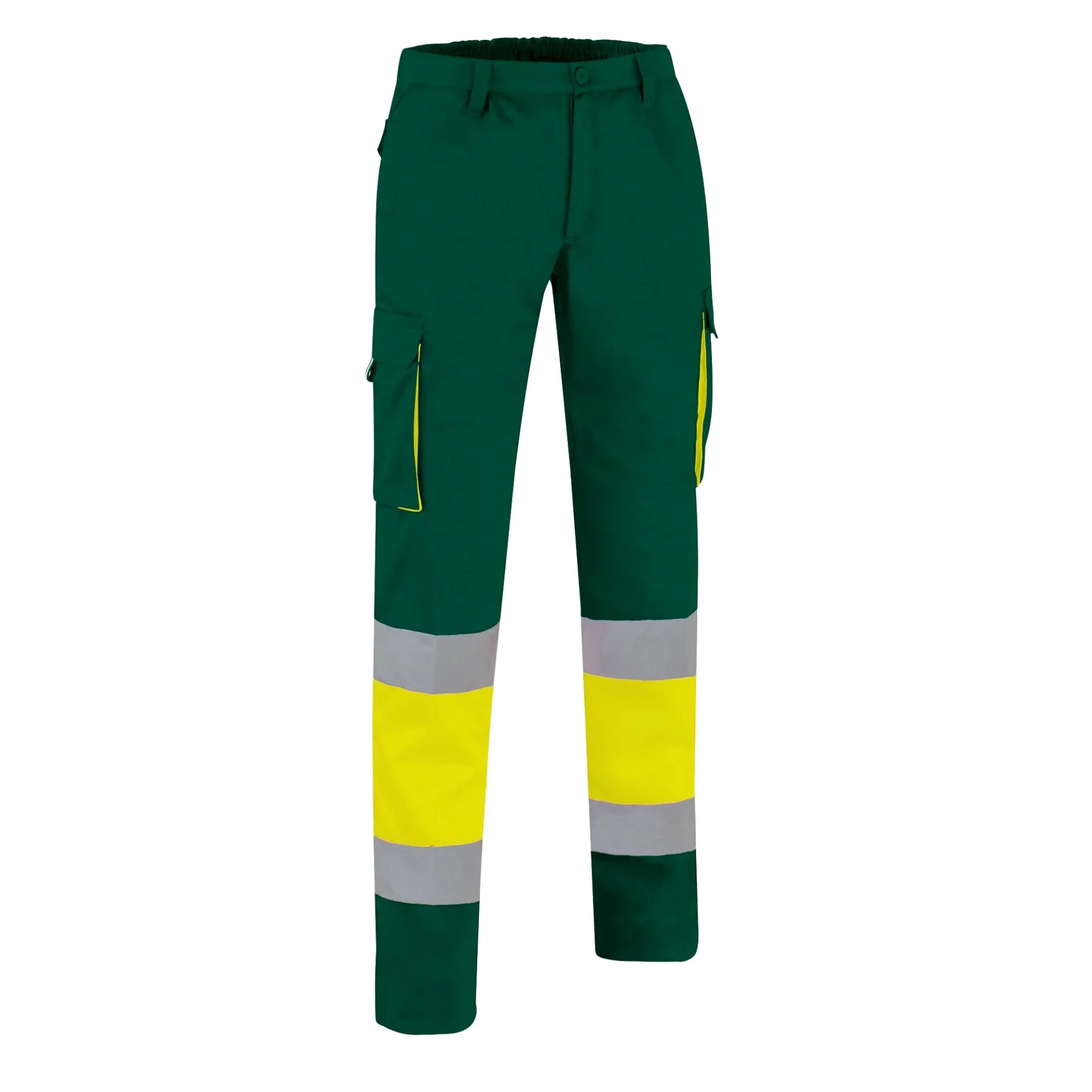 FACTORY HI-VIS Pantaloni reflectorizanti Tercot, multi-buzunare, Galben fluorescent-Verde sticla