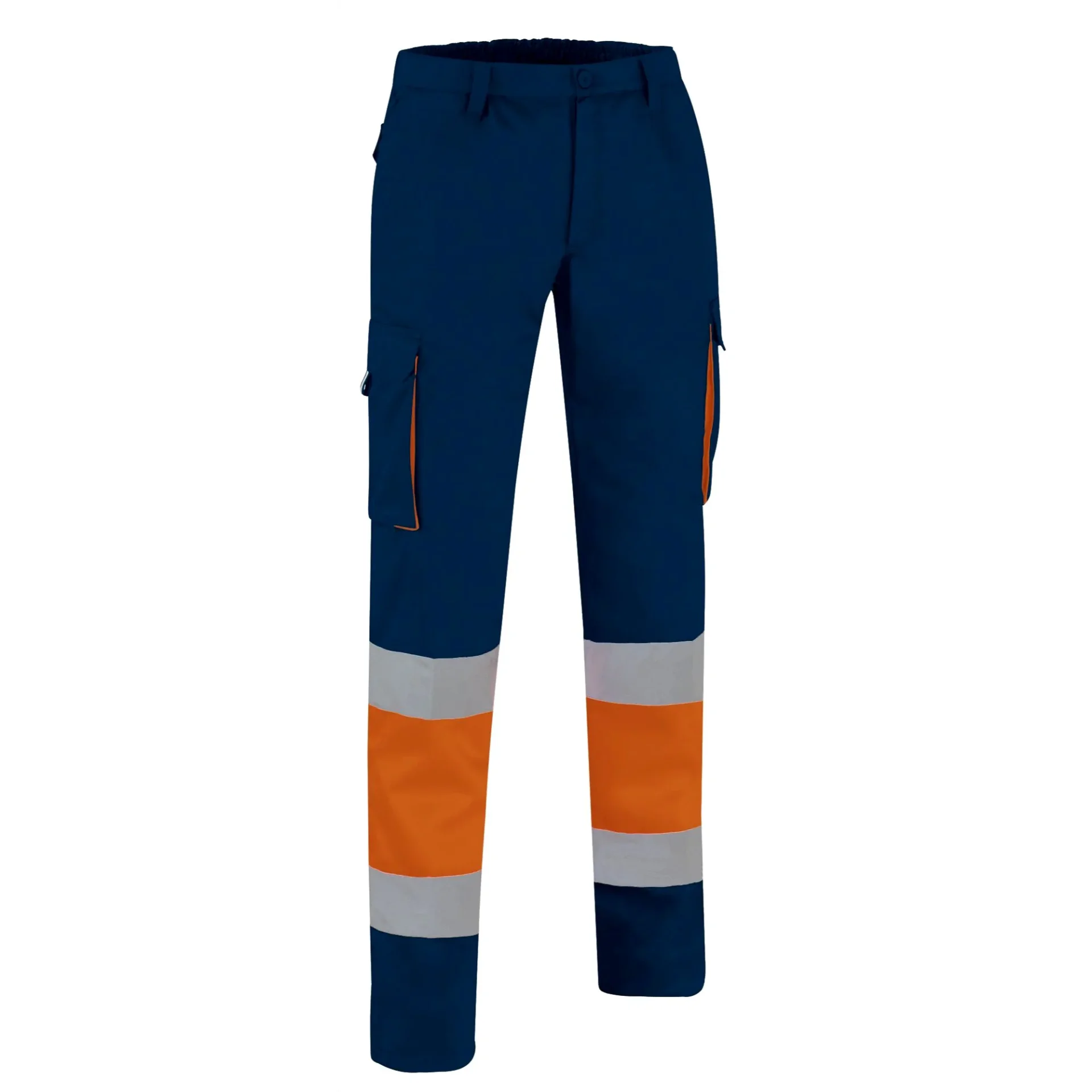 FACTORY HI-VIS Pantaloni reflectorizanți Tercot, multi buzunare, Portocaliu fluorescent-Bleumarin