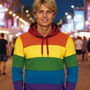 rainbow hanorac cu glugă, buzunar tip cangur și design în culorile curcubeului.