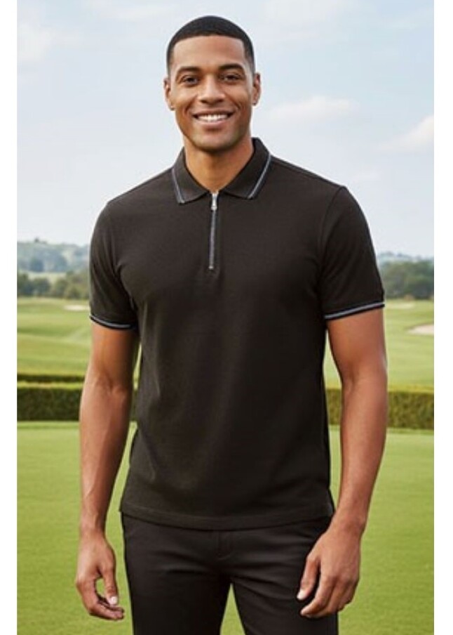 Tricou Polo GOLF dungi contrast și fermoar, Bumbac100% 220g, 43 lei