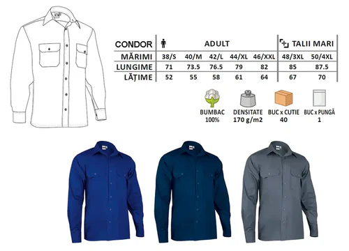 cămașă bumbac 100% condor 170g twill marcaj ce oeko tex