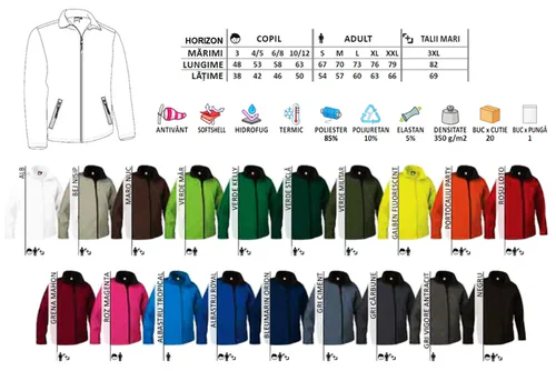 jachetă softshell horizon antivânt, hidrofug termic 350 g/mp negru