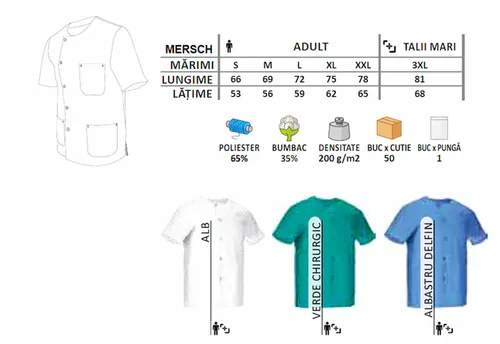bluză medicală mersch tunică cu capse metalica, twill 200g albastru delfin