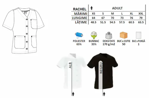 bluză medicală damă rachel guler v & nasturi, twill 170 g alb